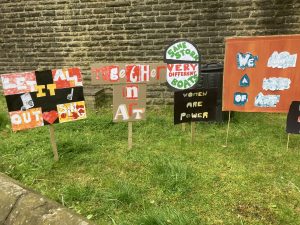 Outdoor display of completed mono printed placards